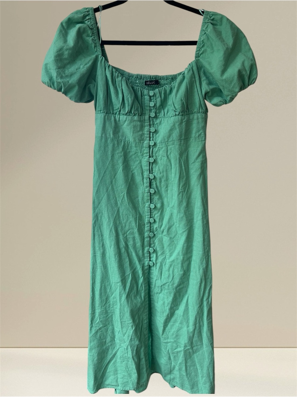 DELUC. Green Puff-Sleeve Button-Front Linen Blend Midi Dress S Small